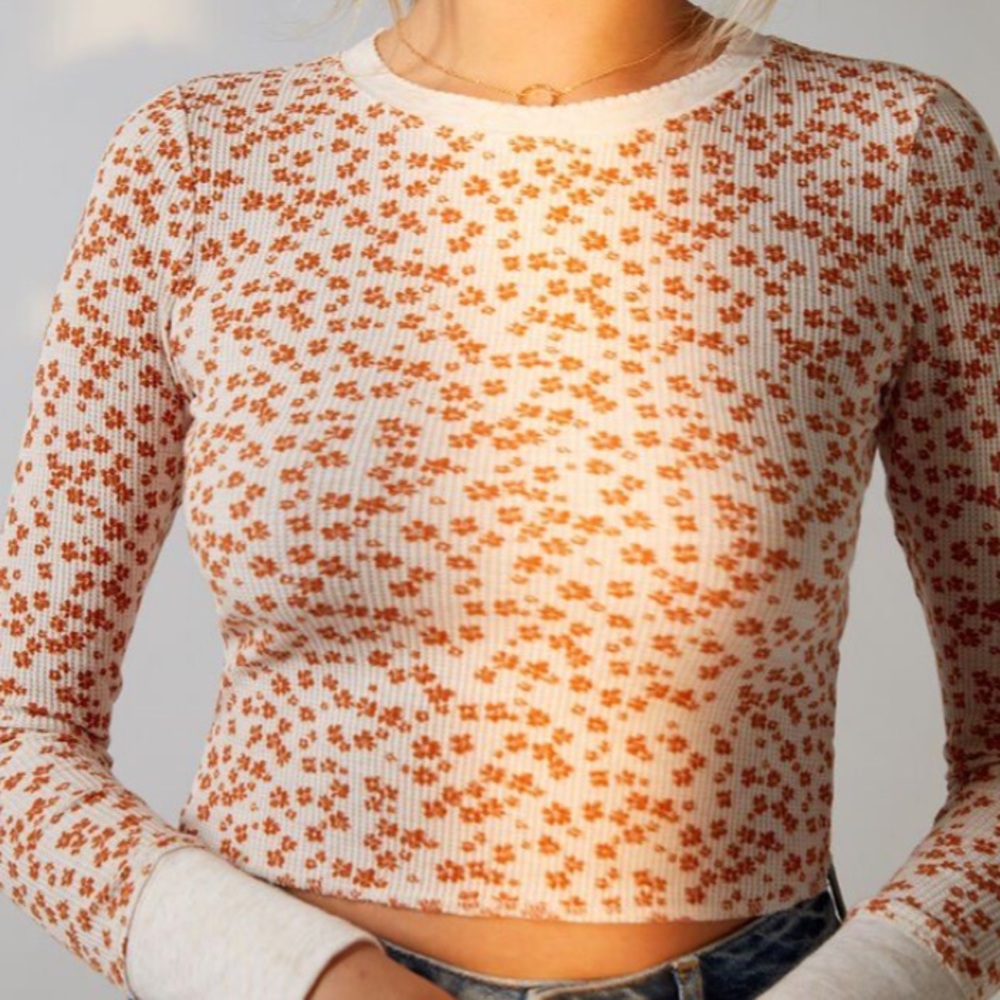 Me To We Orange Floral Waffle Knit Cropped Long Sleeve Shirt